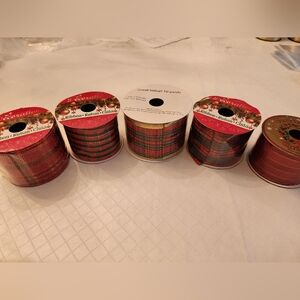 Holiday Red/Green/Gold Plaid Wired Ribbon Medley, set of 5 rolls.